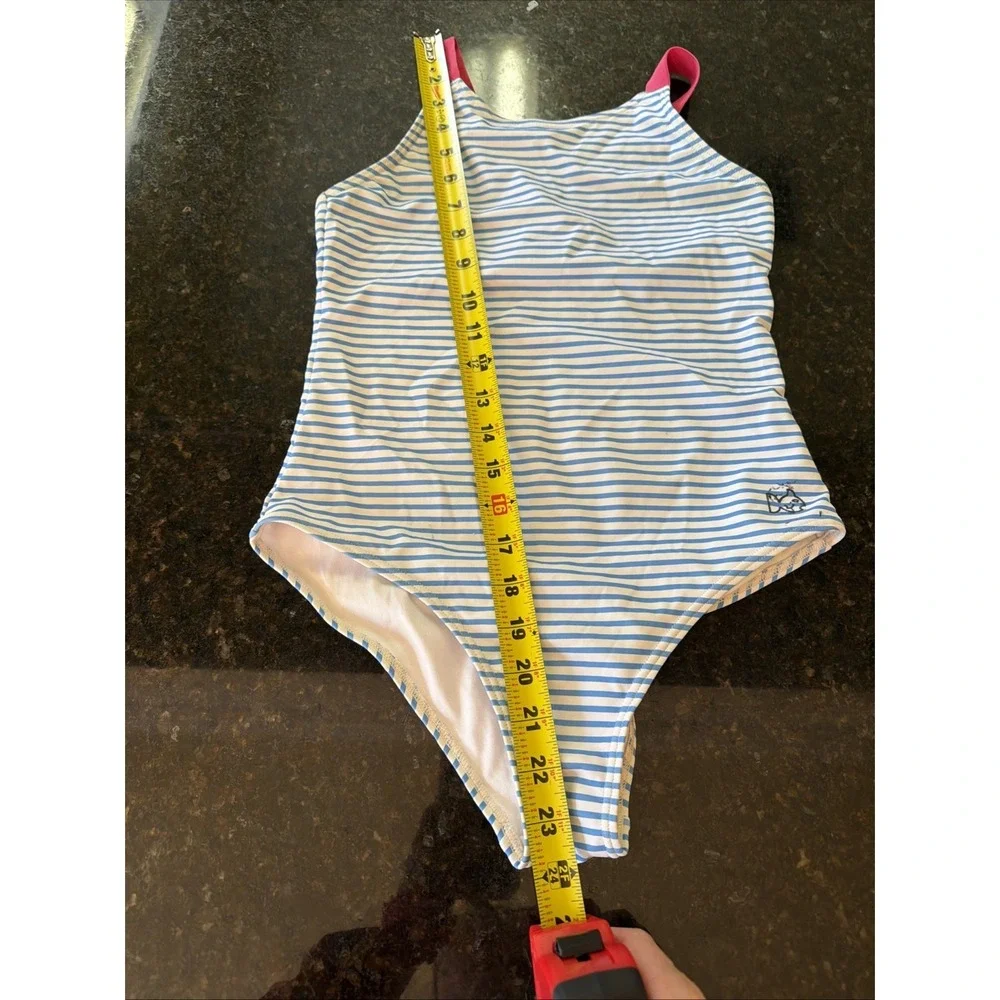 Prodoh Girls One Piece Swimsuit Sz 12 Blue White Stripe Bathing Suit Beach Swim